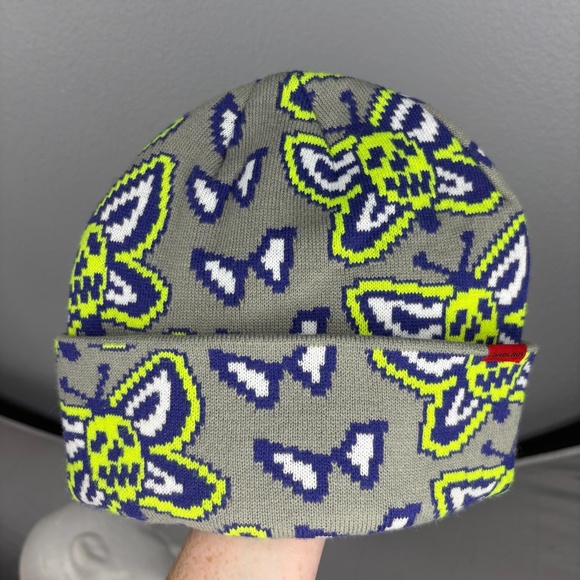 Corduroy Beanie - Gray, Purple & Neon Green Butterfly Design - Picture 3 of 8